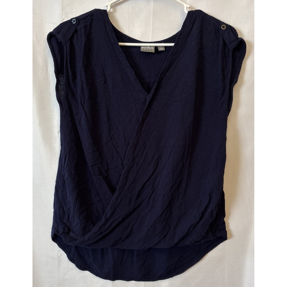 Soho Blouse Womens S Navy Blue‎ Lightweight Wrap Front Minimalist Office Casual